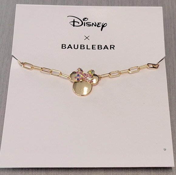 Disney x Baublebar Minnie Mouse Gold Necklace With Multicolor Crystal Bow NWT - Picture 1 of 3